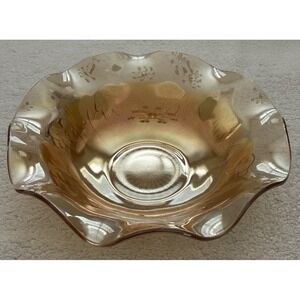 Vtg Jeanette Carnival Glass Iris & Herringbone Marigold Ruffle Edge Serving Bowl